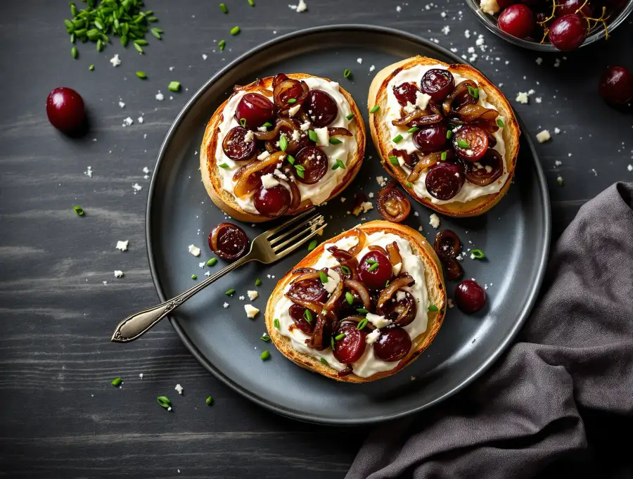 Bruschetta med bagte druer, løgconfit og fetacreme