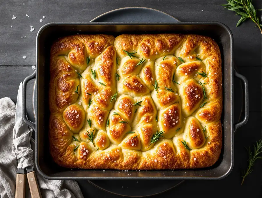 Focacciabrød med flagesalt og rosmarin