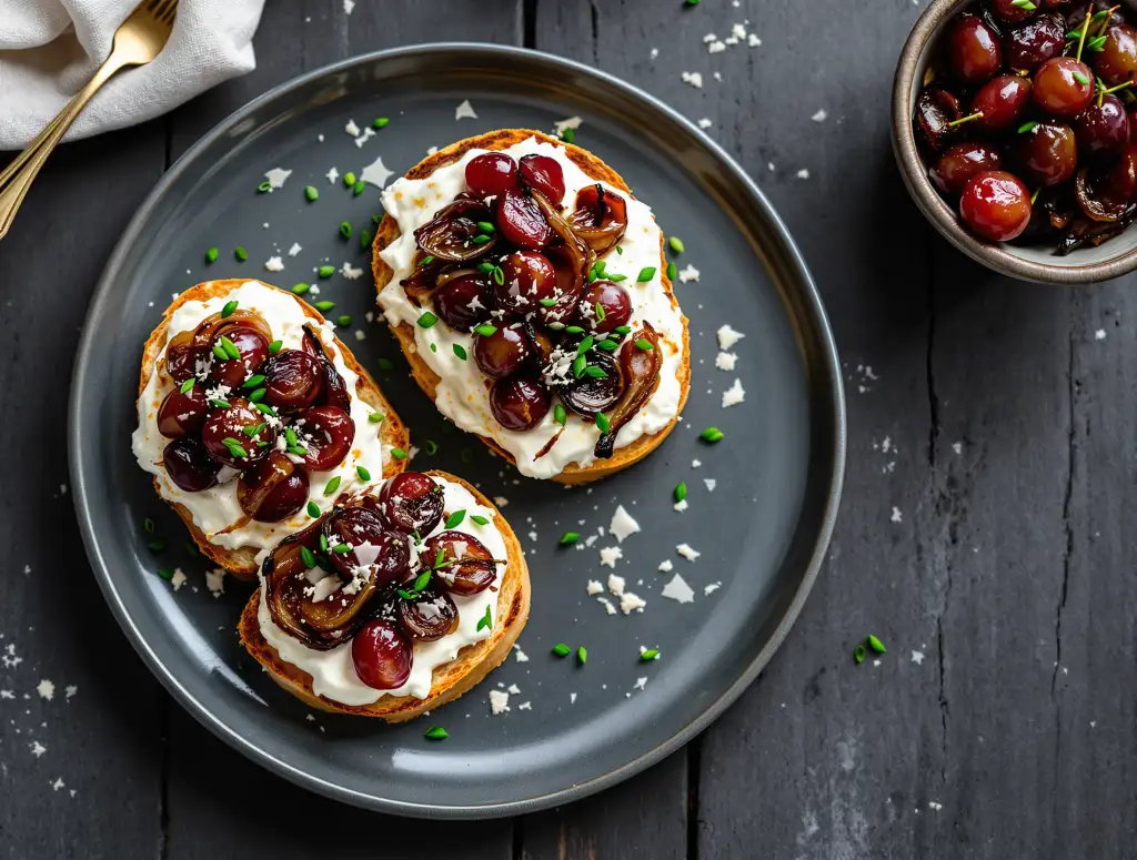 Bruschetta med bagte druer, løgconfit og fetacreme